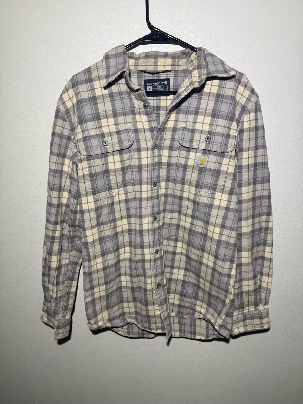 Carhartt Men's Gray and Cream Plaid Button-Down Work Shirt